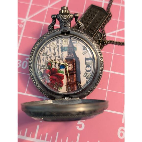 Paris Antiqued Bronze Retro VTG Style Steampunk Quartz Open Face Charm Necklace - Picture 5 of 6